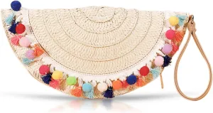 Bohemian Straw Beach Bag, Clutch Purses, Colorful fur balls and tassels Handmade Woven Purse, Tassel Handbags for Vacation, Travel