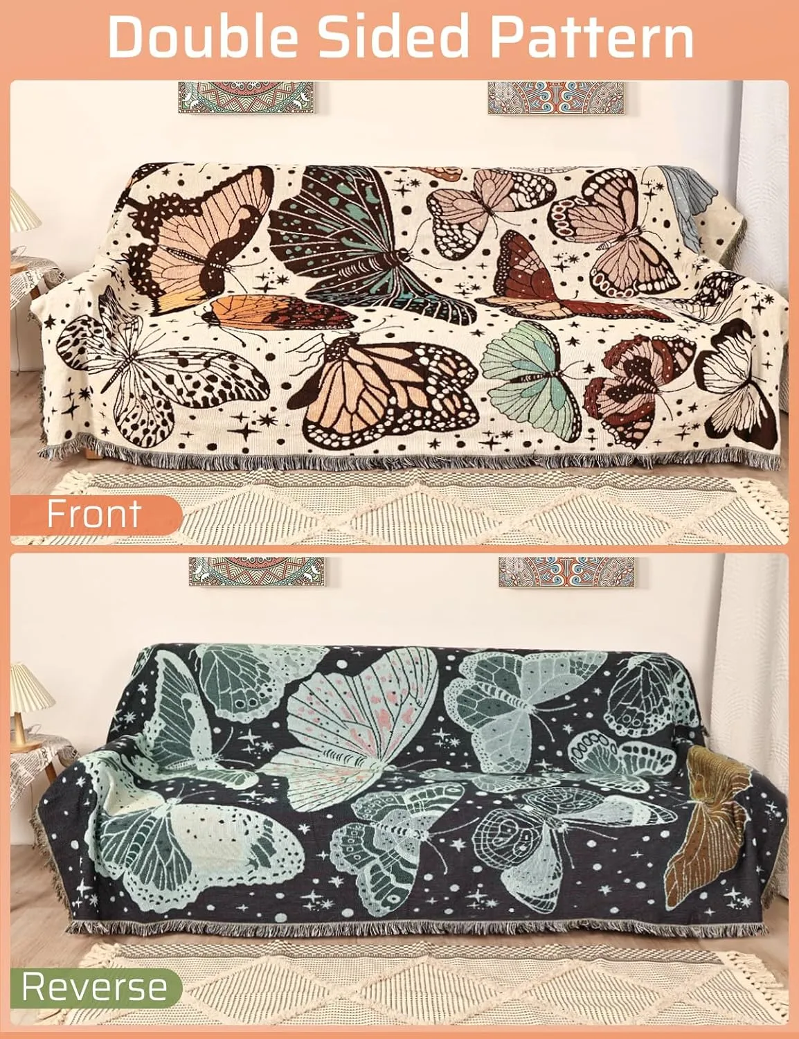Boho Throw Blanket for Bed Couch Sofa Reversible Cotton Bohemian Travel Boho Quilt Mexican Muslin Blanket Tapestry Hippie Room Decor Outdoor Blanket Double Sided (Month Moth Print 70"x90")