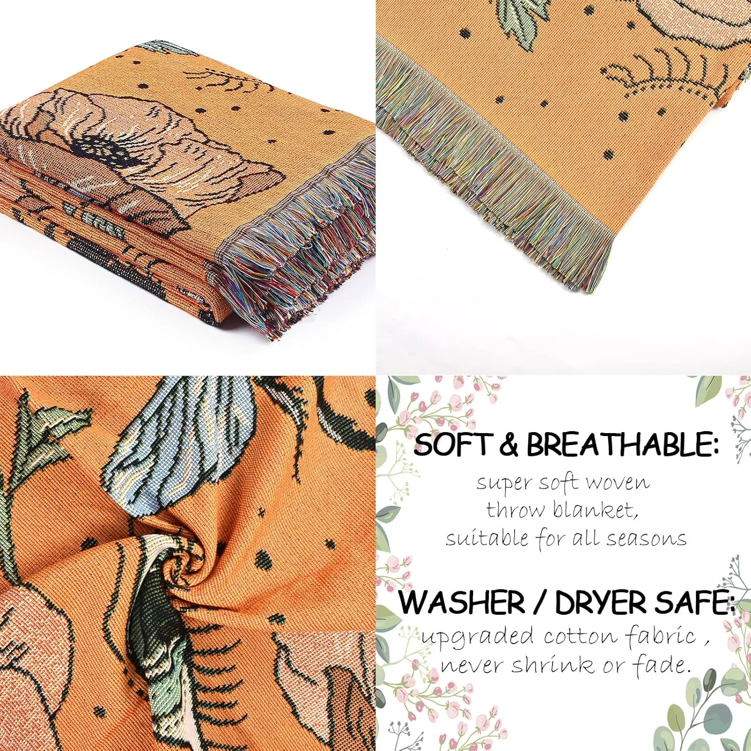 Boho Throw Blanket Reversible Cotton Bohemian Tapestry Hippie Room Decor Double Sided (Boho Bee Yelow 50"x60")
