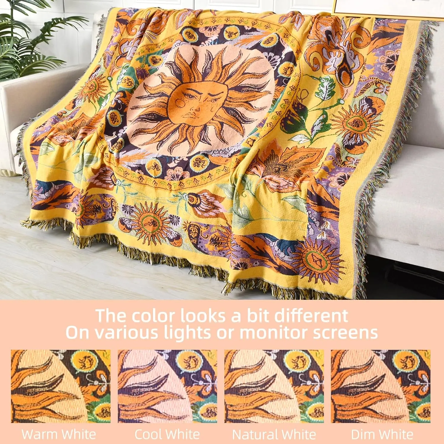 Boho Throw Blanket Reversible Cotton Bohemian Tapestry Hippie Room Decor Outdoor Blanket Double Sided (National Sun Pattern Yellow 50"x60")