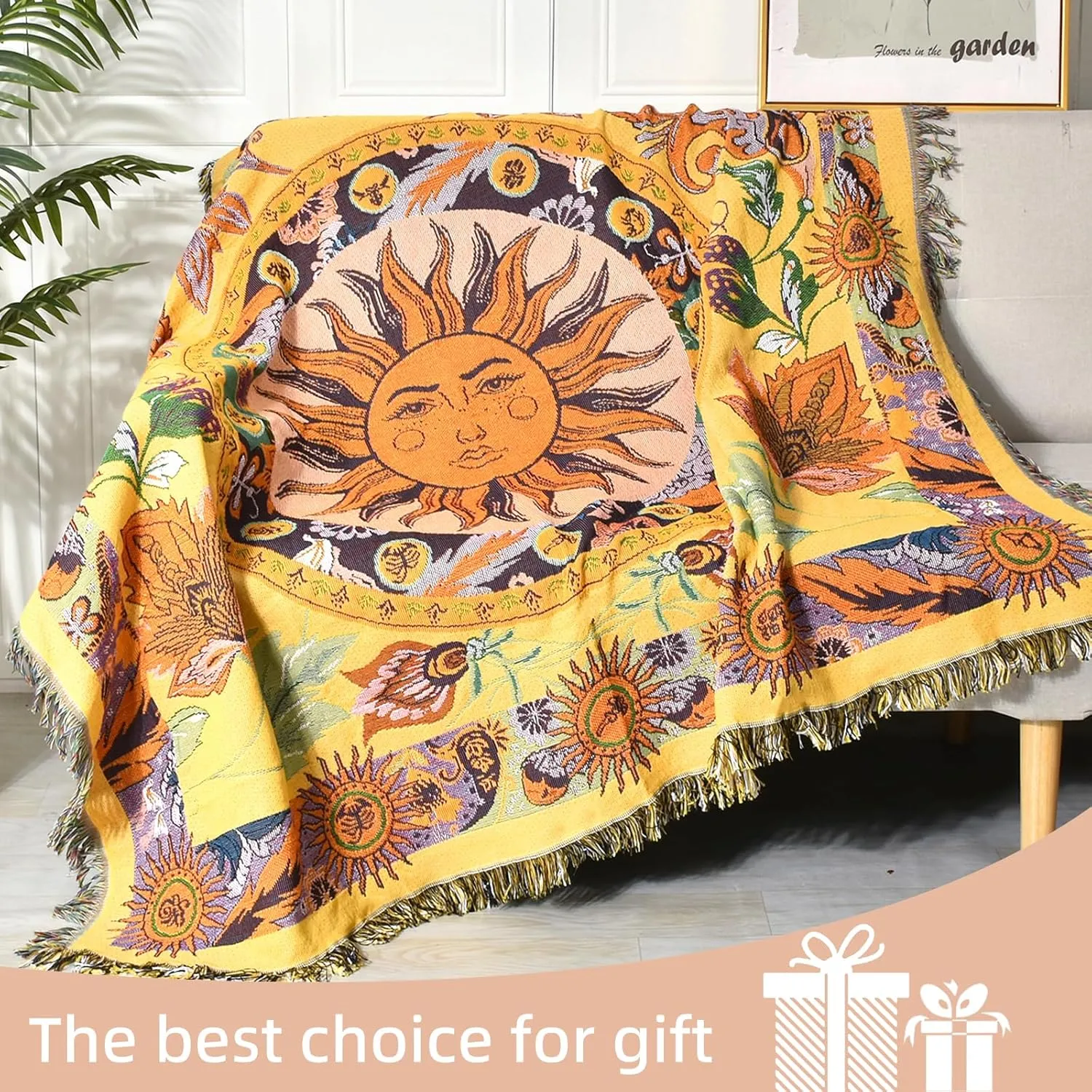 Boho Throw Blanket Reversible Cotton Bohemian Tapestry Hippie Room Decor Outdoor Blanket Double Sided (National Sun Pattern Yellow 50"x60")