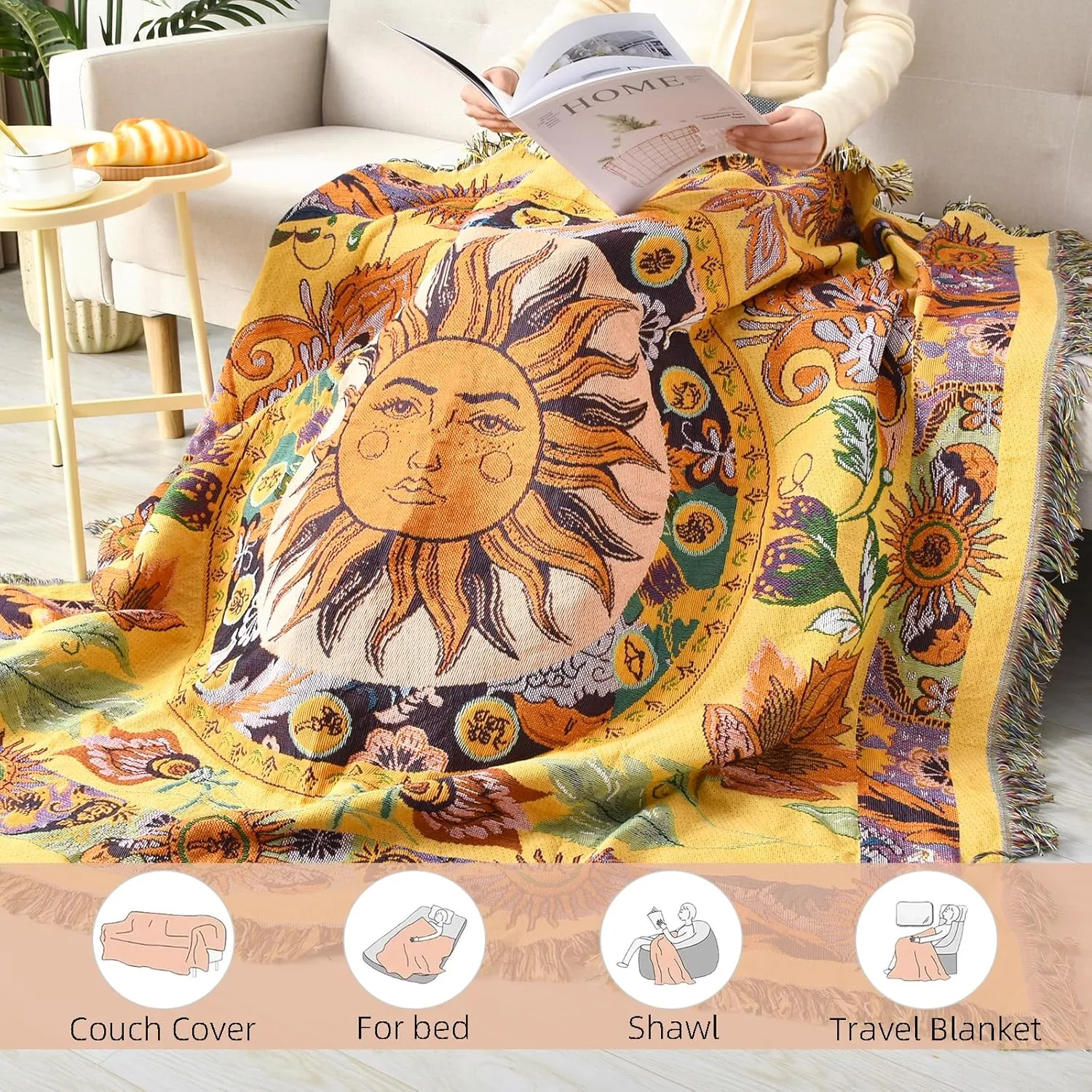 Boho Throw Blanket Reversible Cotton Bohemian Tapestry Hippie Room Decor Outdoor Blanket Double Sided (National Sun Pattern Yellow 50"x60")
