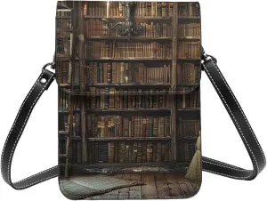 Bookshelf Library Books Magical Artifacts Fantasy Dark Crossbody Cell Phone Purse For Women Teen Girls Leather Small Crossbody Bag Mini Phone Pouch Purse, 7.5x5.3 Inches