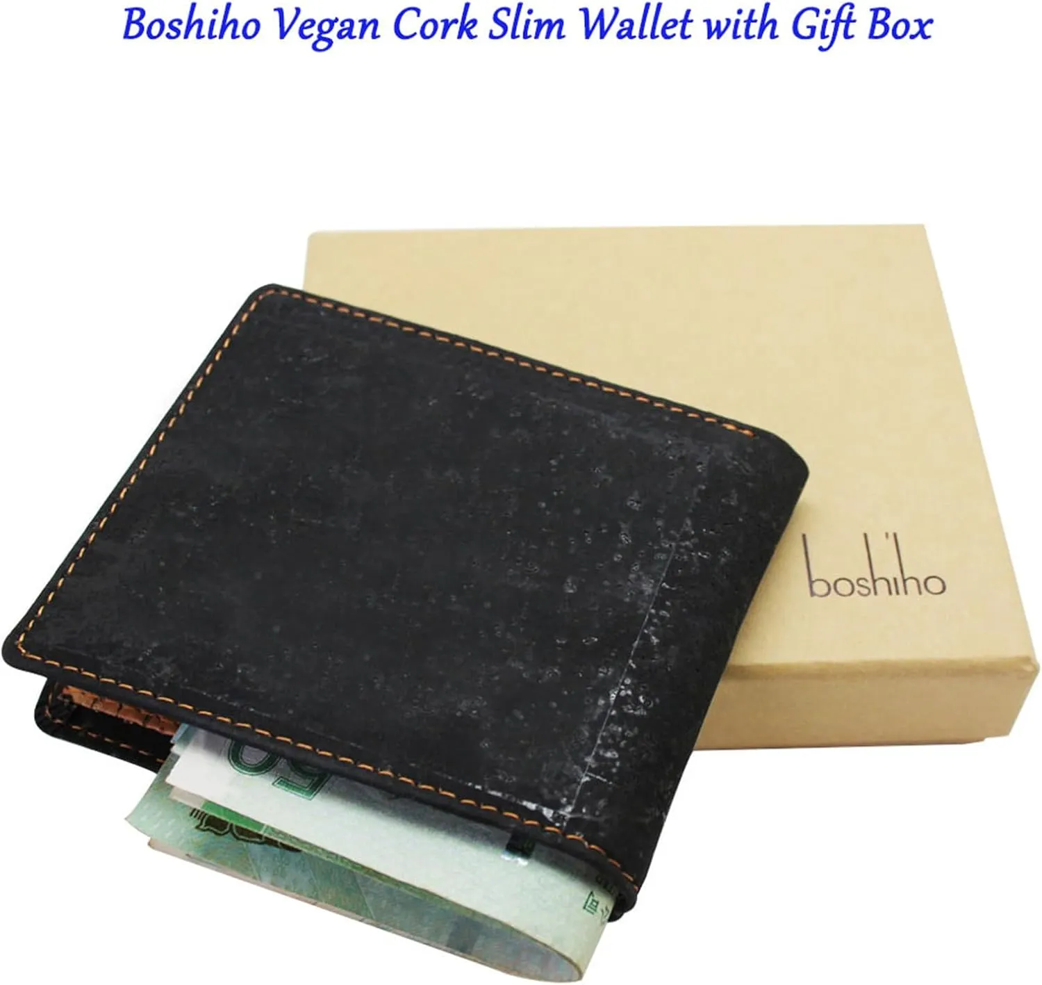 boshiho RFID Blocking Cork Wallet, Slim Bifold Vegan Coin Purse Eco Friendly Gift for Men and Women (Black)