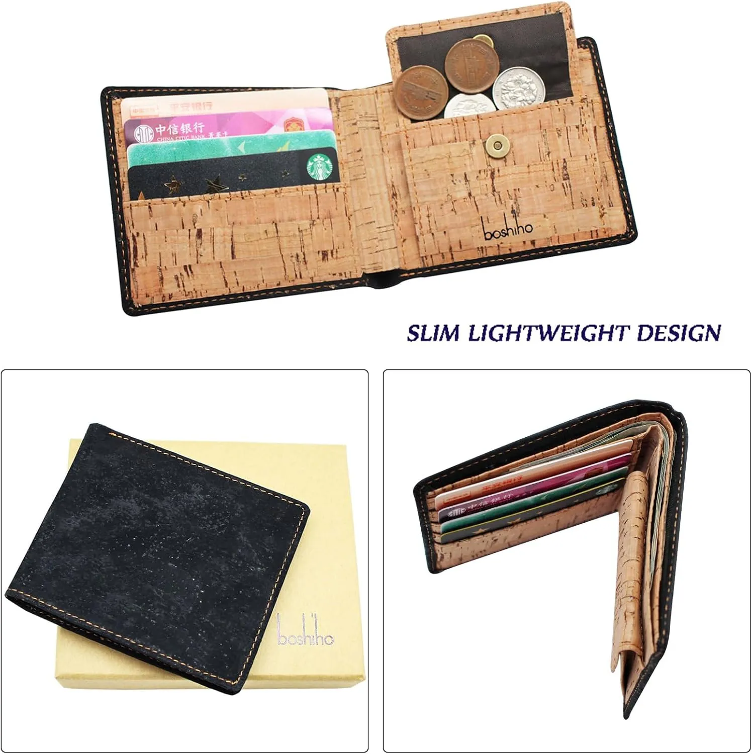 boshiho RFID Blocking Cork Wallet, Slim Bifold Vegan Coin Purse Eco Friendly Gift for Men and Women (Black)