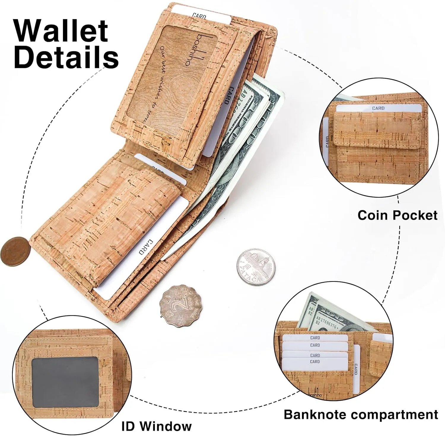 boshiho RFID Blocking Cork Wallet, Slim Bifold Vegan Coin Purse Eco Friendly Gift for Men and Women (Cork 2)