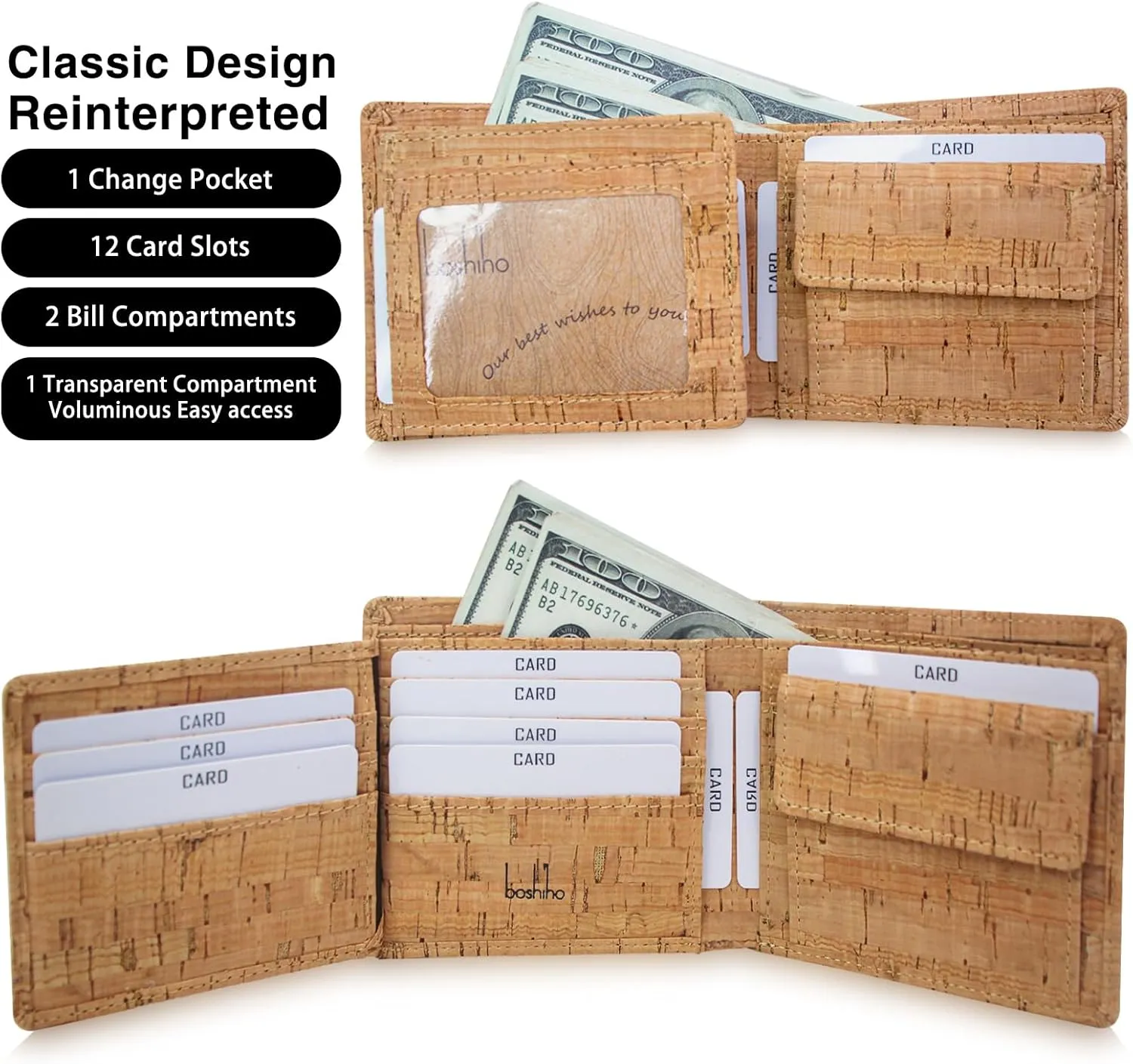 boshiho RFID Blocking Cork Wallet, Slim Bifold Vegan Coin Purse Eco Friendly Gift for Men and Women (Cork 2)