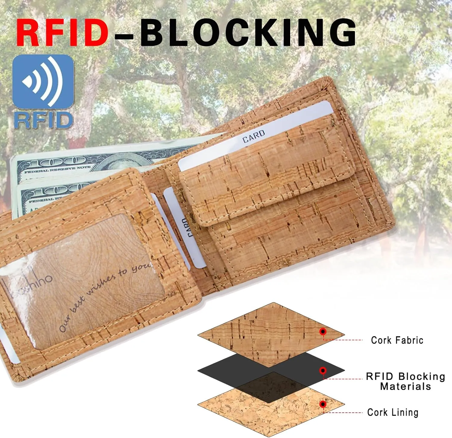 boshiho RFID Blocking Cork Wallet, Slim Bifold Vegan Coin Purse Eco Friendly Gift for Men and Women (Cork 2)