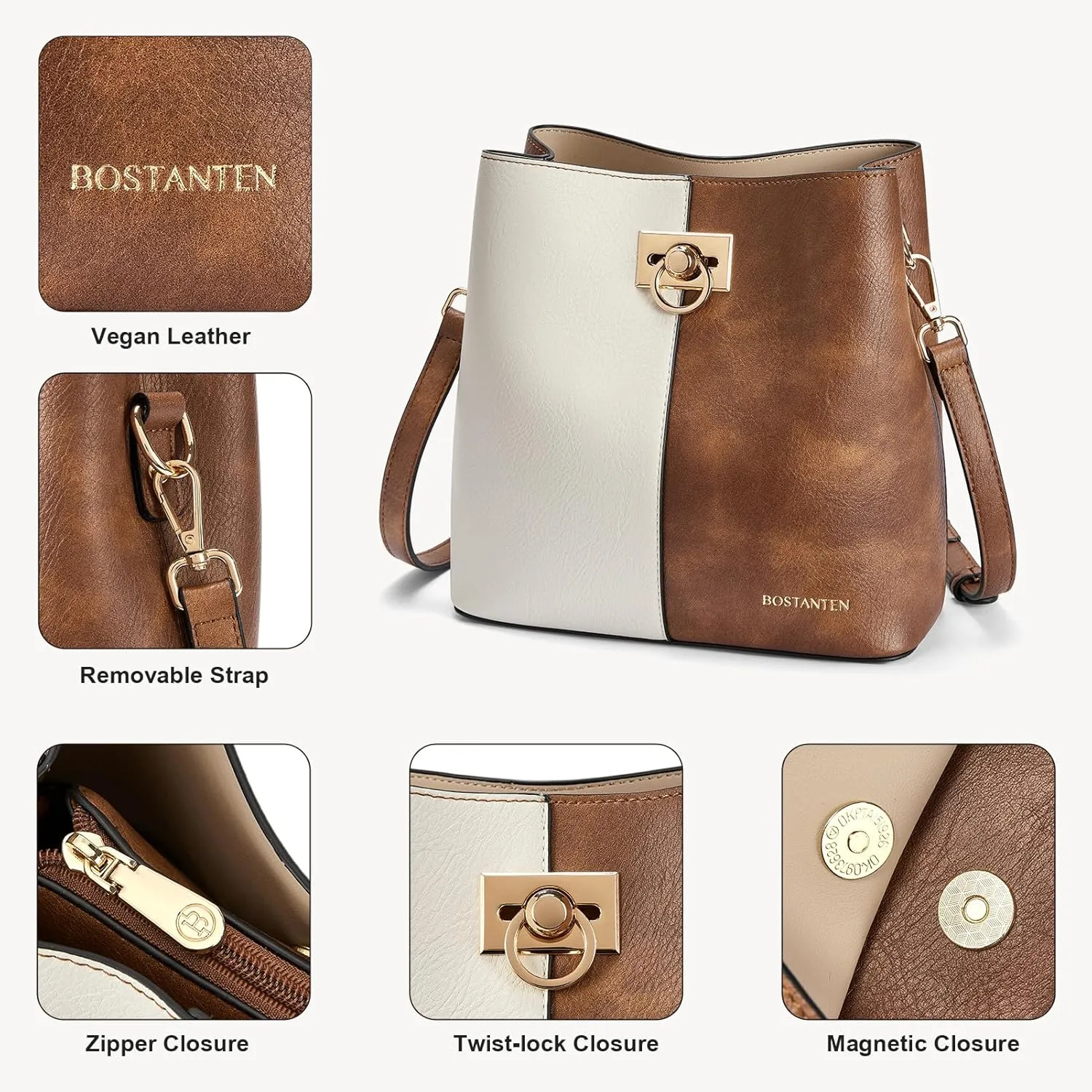 BOSTANTEN Crossbody Bucket Shoulder Bags for Women Vegan Leather Purse Cross Body Handbag Multiple Pockets