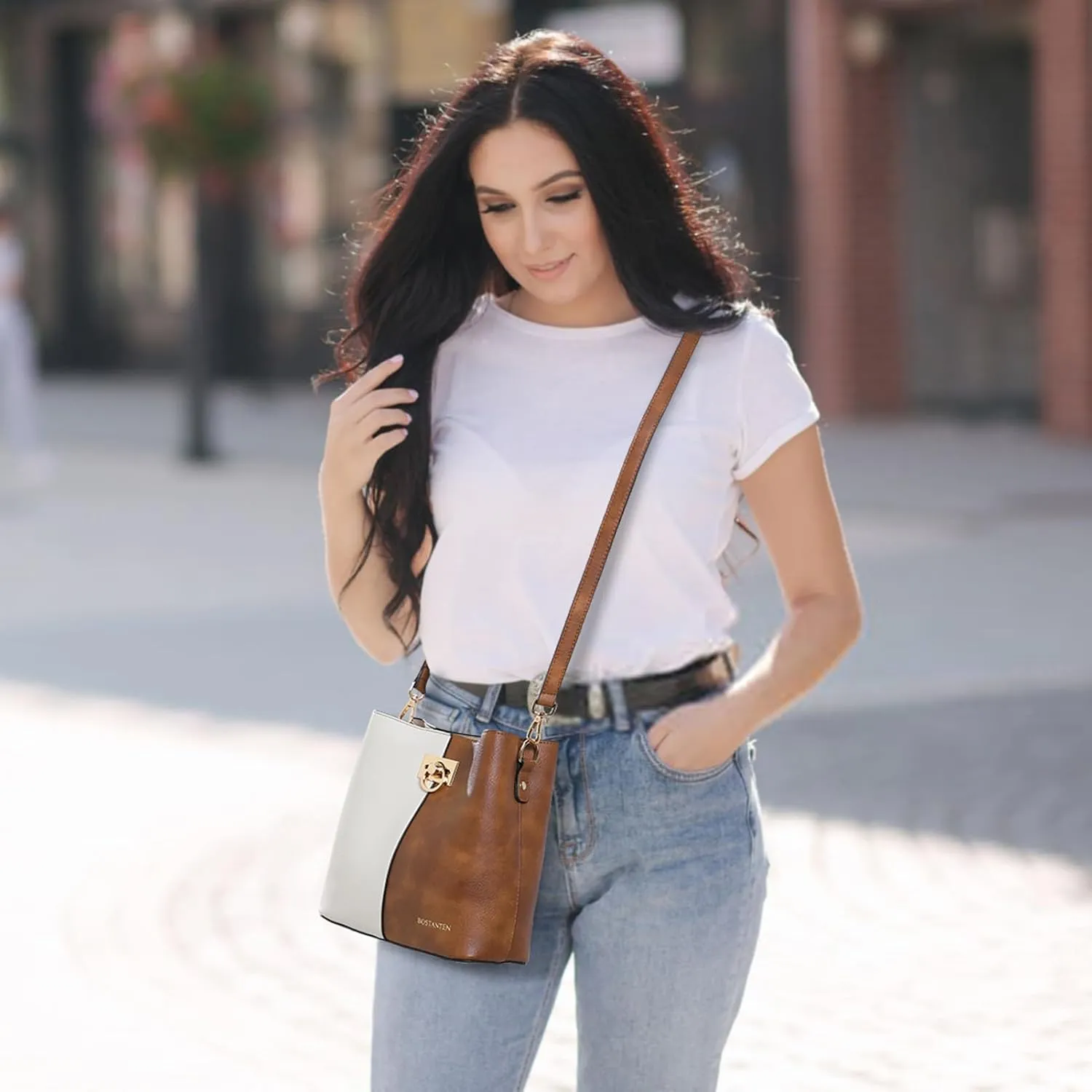 BOSTANTEN Crossbody Bucket Shoulder Bags for Women Vegan Leather Purse Cross Body Handbag Multiple Pockets