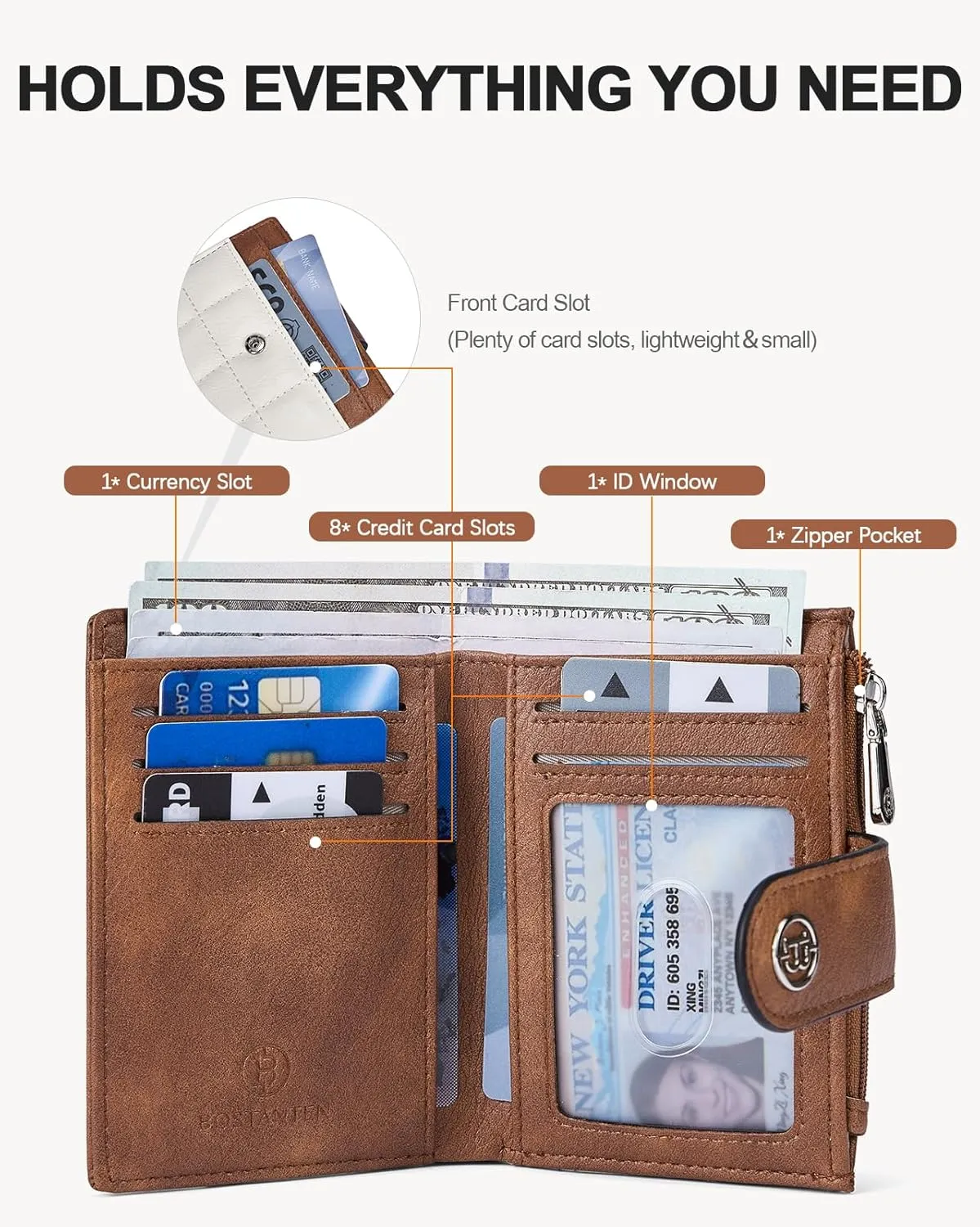 BOSTANTEN Small Wallet for Women Leather RFID Blocking Card Holder Bifold Compact Wallets With Zipper Coin Pocket Beige＆Brown