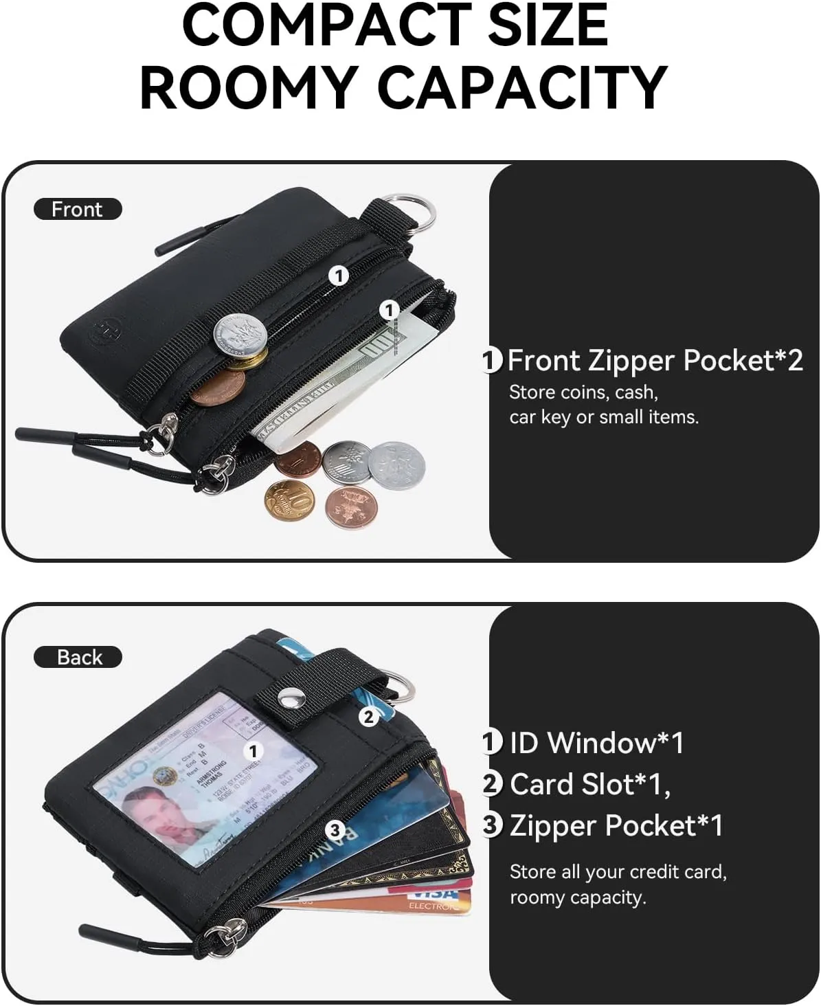 BOSTANTEN Small Wallet RFID, Minimalist Zip ID Case Wallet with Lanyard Keychain, Water Resistant Card Wallets for Women & Men, Black