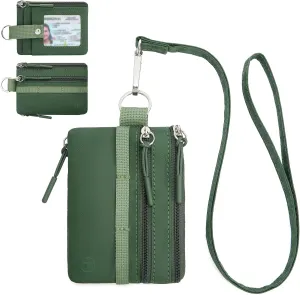 BOSTANTEN Small Wallet RFID, Minimalist Zip ID Case Wallet with Lanyard Keychain, Water Resistant Card Wallets for women & Men, Green