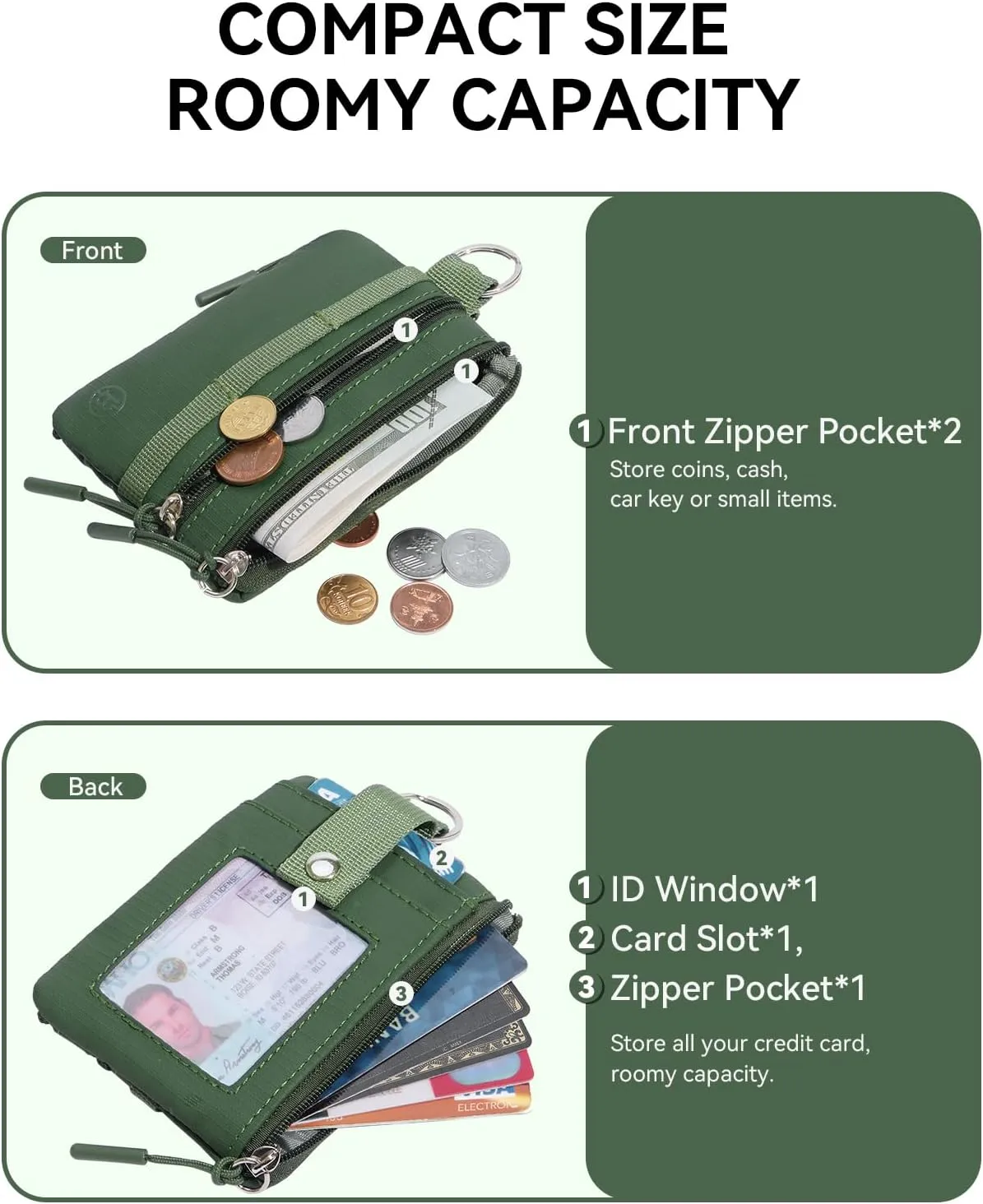 BOSTANTEN Small Wallet RFID, Minimalist Zip ID Case Wallet with Lanyard Keychain, Water Resistant Card Wallets for women & Men, Green