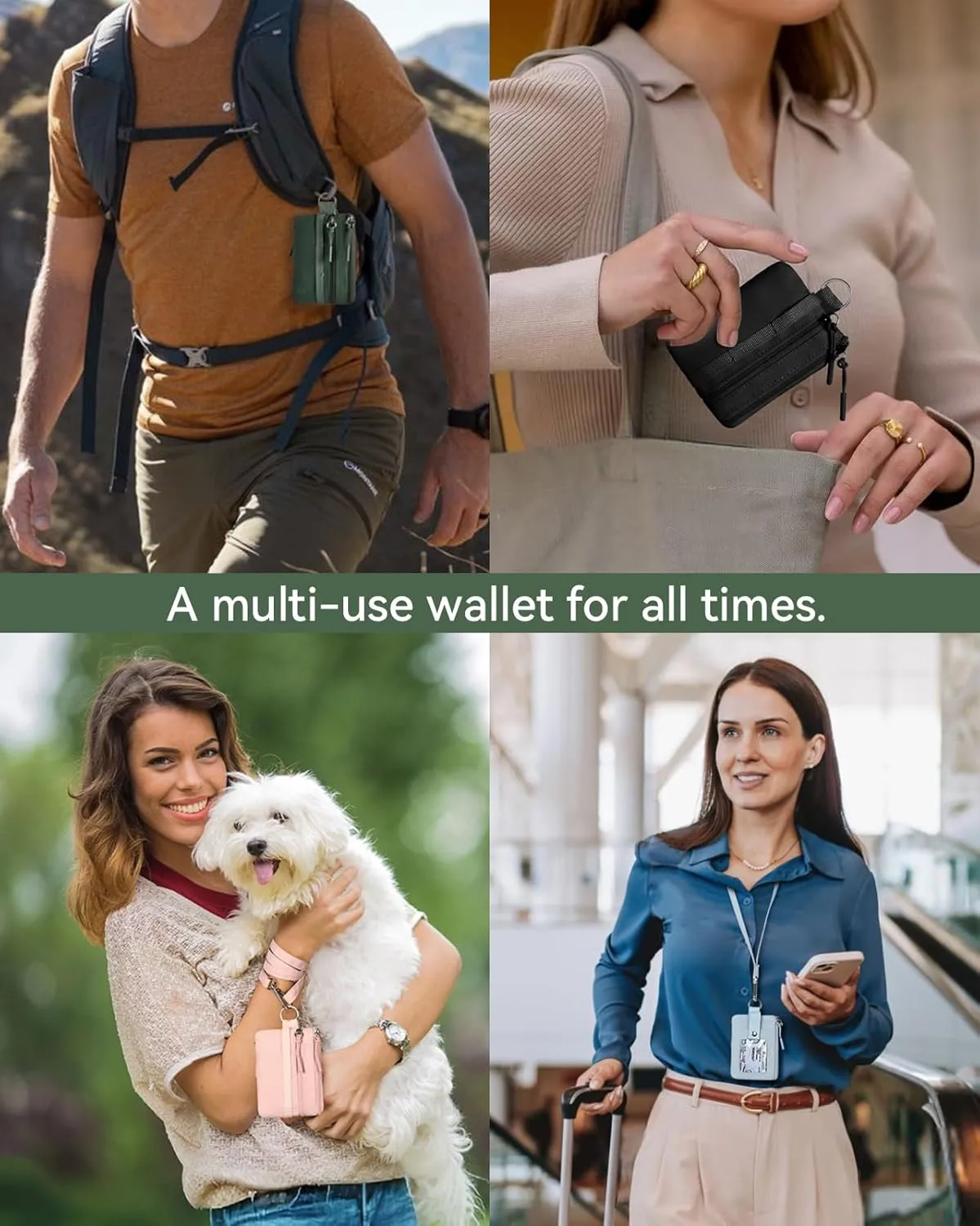 BOSTANTEN Small Wallet RFID, Minimalist Zip ID Case Wallet with Lanyard Keychain, Water Resistant Card Wallets for women & Men, Green