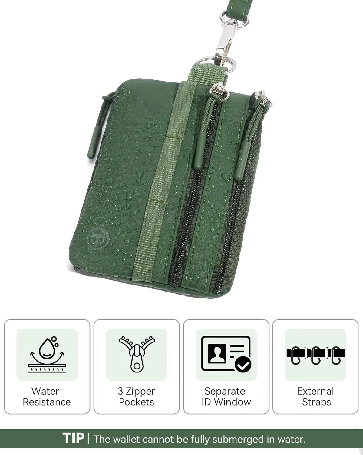 BOSTANTEN Small Wallet RFID, Minimalist Zip ID Case Wallet with Lanyard Keychain, Water Resistant Card Wallets for women & Men, Green