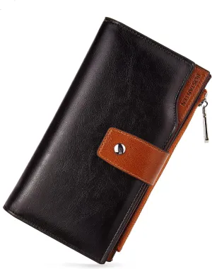 BOSTANTEN Womens Leather Wallets RFID Blocking Large Capacity Credit Card Holder Phone Clutch Black with Brown