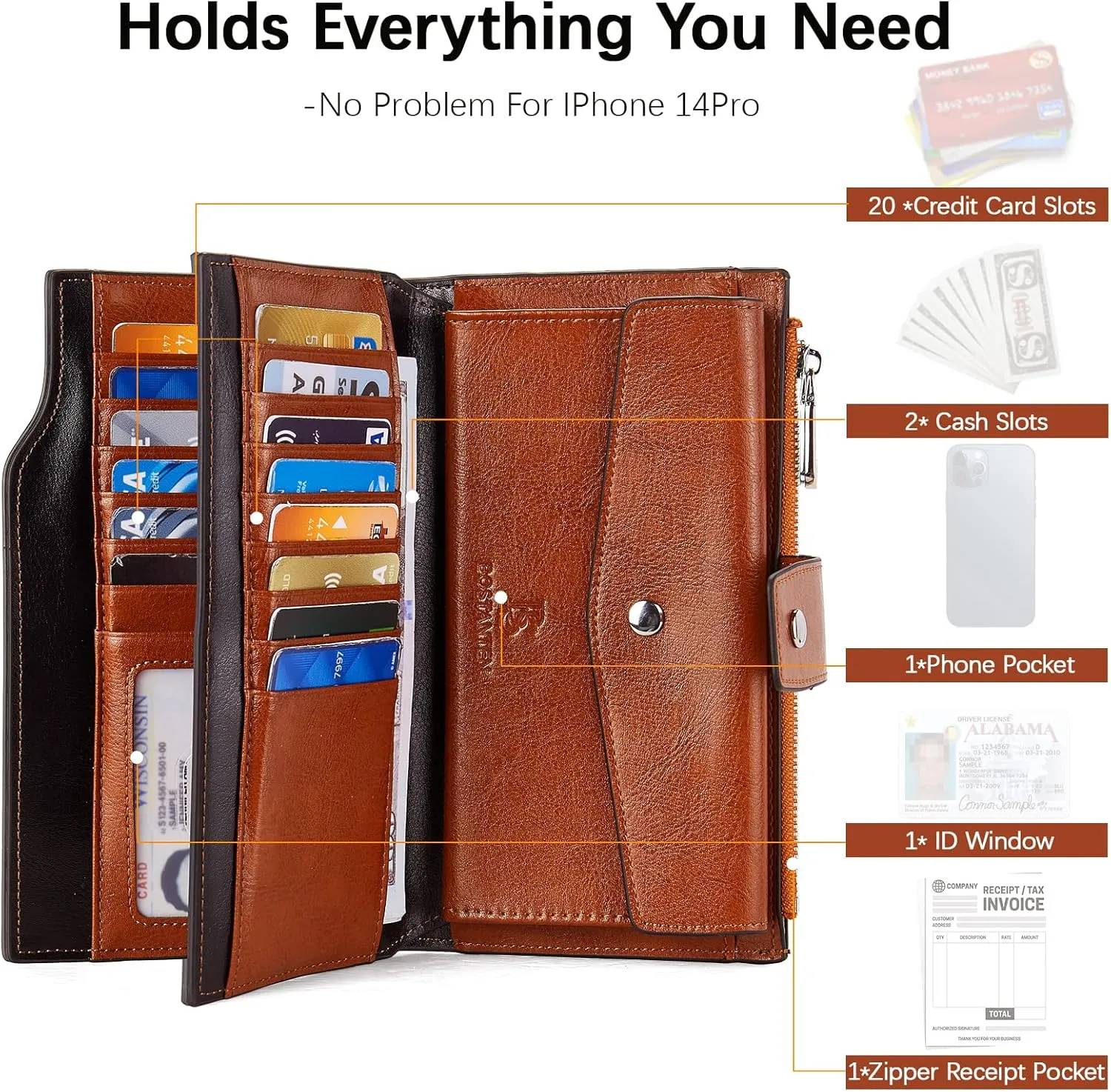 BOSTANTEN Womens Leather Wallets RFID Blocking Large Capacity Credit Card Holder Phone Clutch Black with Brown
