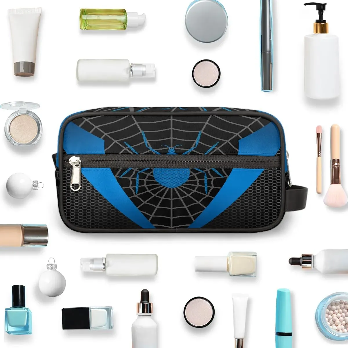 Boys Travel Toiletry Bag, Blue Web Kids Waterproof Hanging Dopp Kit, Wash Bag with Large Capacity for Travel, Sports, Shower