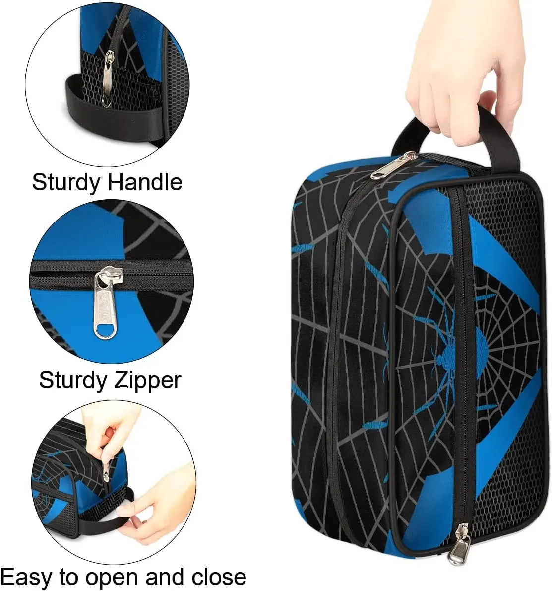 Boys Travel Toiletry Bag, Blue Web Kids Waterproof Hanging Dopp Kit, Wash Bag with Large Capacity for Travel, Sports, Shower
