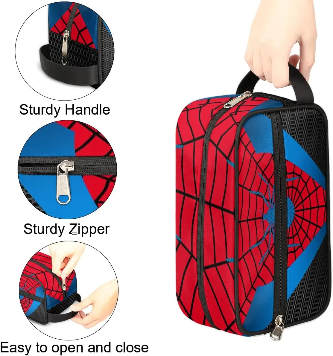 Boys Travel Toiletry Bag, Kids Waterproof Hanging Dopp Kit, Red Spider Web Wash Bag with Large Capacity for Travel, Sports, Shower
