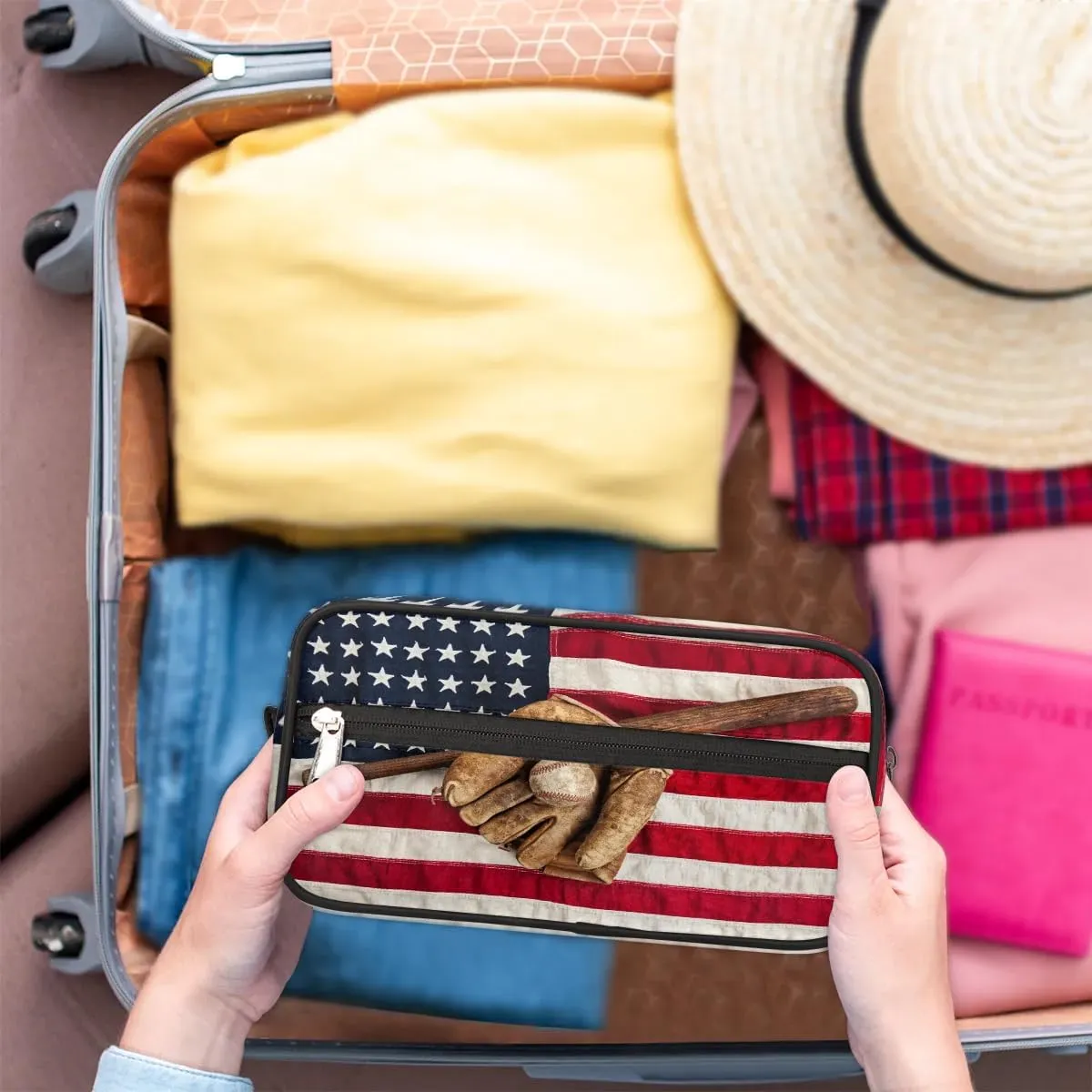 Boys Travel Toiletry Bag, Kids Waterproof Hanging Dopp Kit, Wash Bag with Large Capacity for Travel, Sports, Shower (American Flag Baseball)