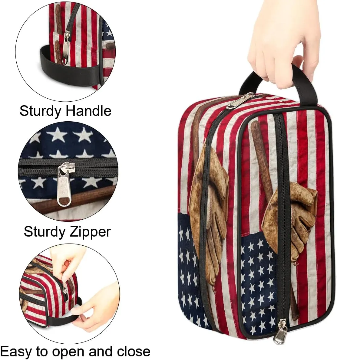 Boys Travel Toiletry Bag, Kids Waterproof Hanging Dopp Kit, Wash Bag with Large Capacity for Travel, Sports, Shower (American Flag Baseball)