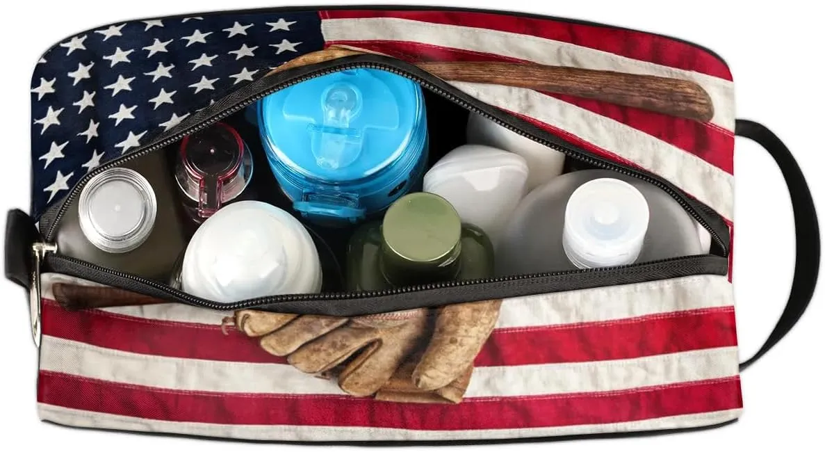 Boys Travel Toiletry Bag, Kids Waterproof Hanging Dopp Kit, Wash Bag with Large Capacity for Travel, Sports, Shower (American Flag Baseball)