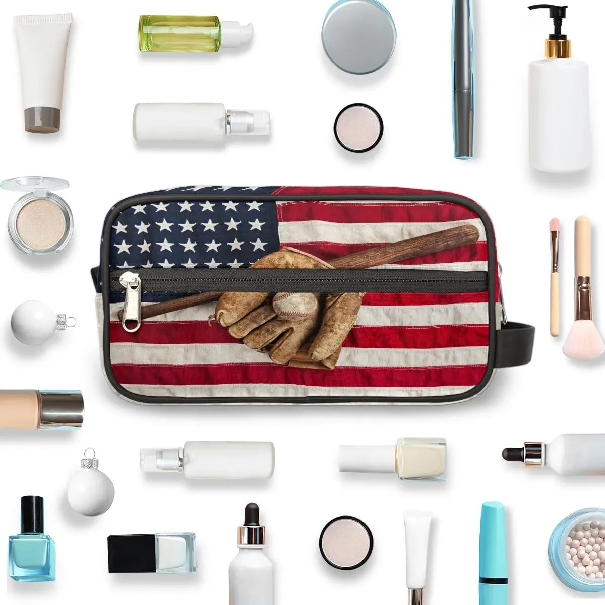 Boys Travel Toiletry Bag, Kids Waterproof Hanging Dopp Kit, Wash Bag with Large Capacity for Travel, Sports, Shower (American Flag Baseball)