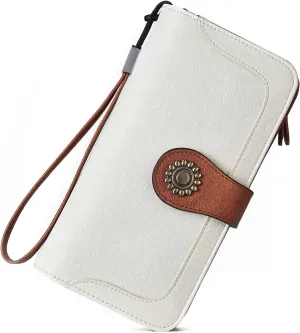 BROMEN Leather Wallets for Women RFID Blocking Large Capacity Credit Card Holder Clutch Purse Wristlet Beige Brown