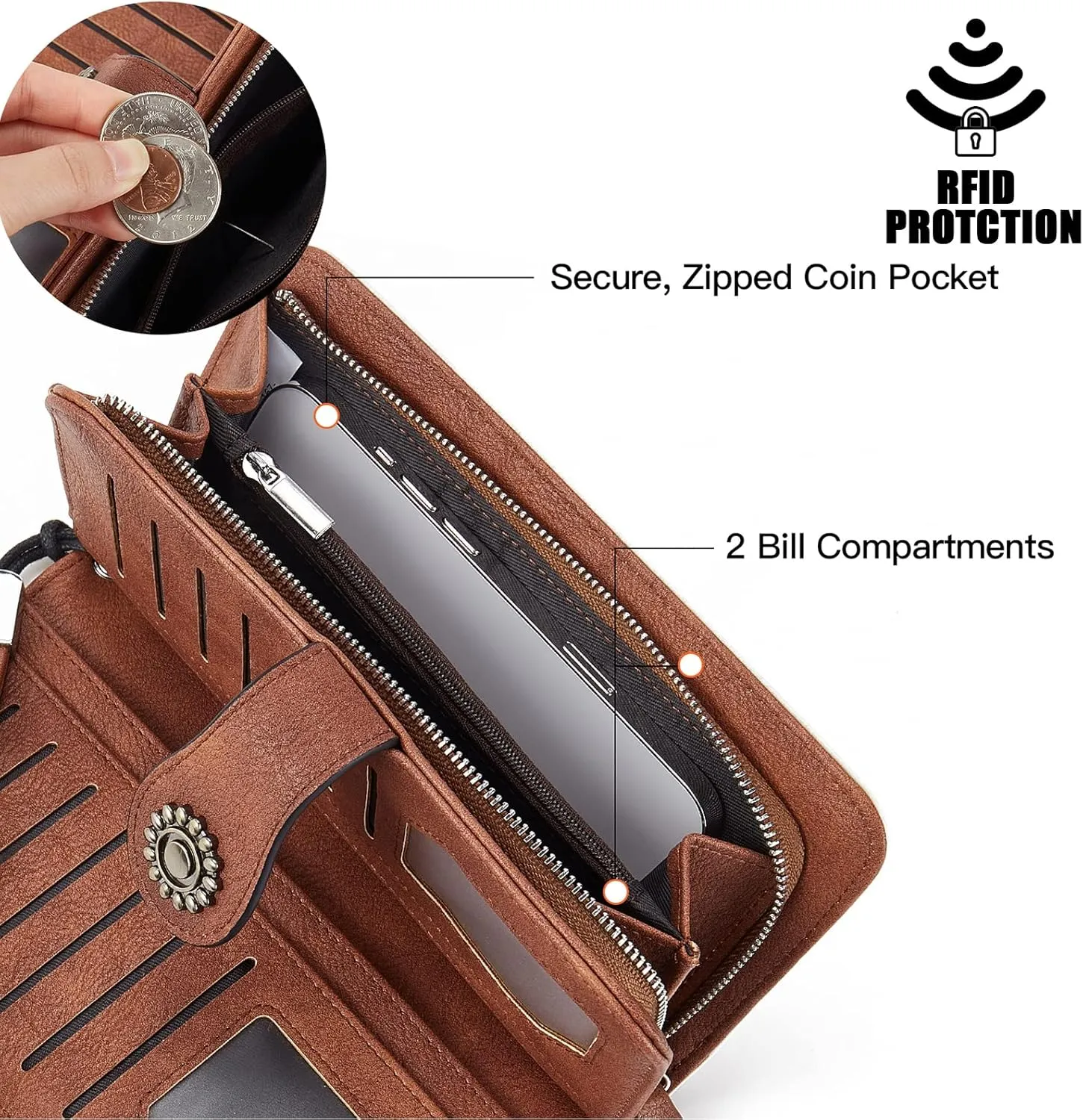 BROMEN Leather Wallets for Women RFID Blocking Large Capacity Credit Card Holder Clutch Purse Wristlet Beige Brown
