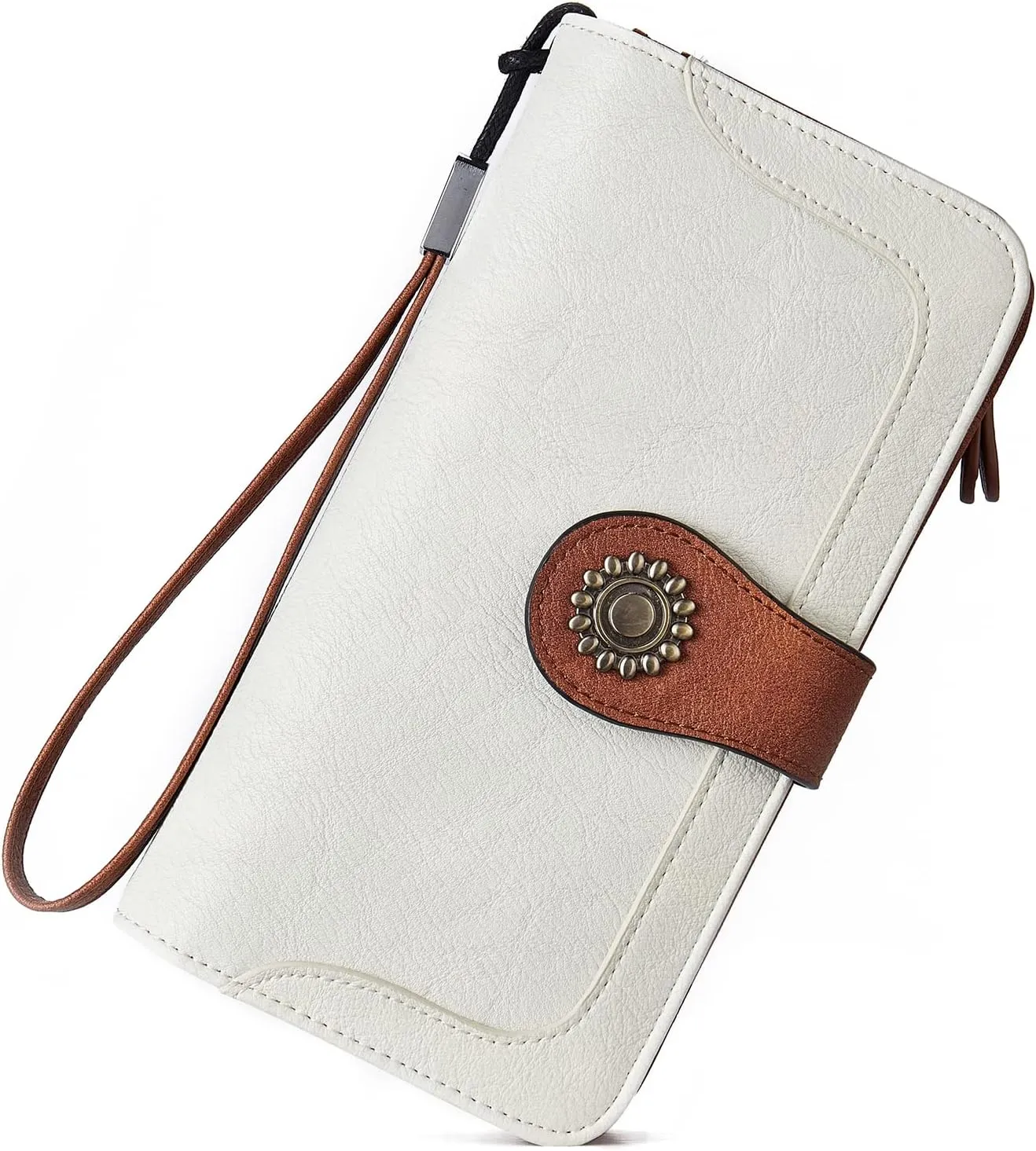 BROMEN Leather Wallets for Women RFID Blocking Large Capacity Credit Card Holder Clutch Purse Wristlet Beige Brown