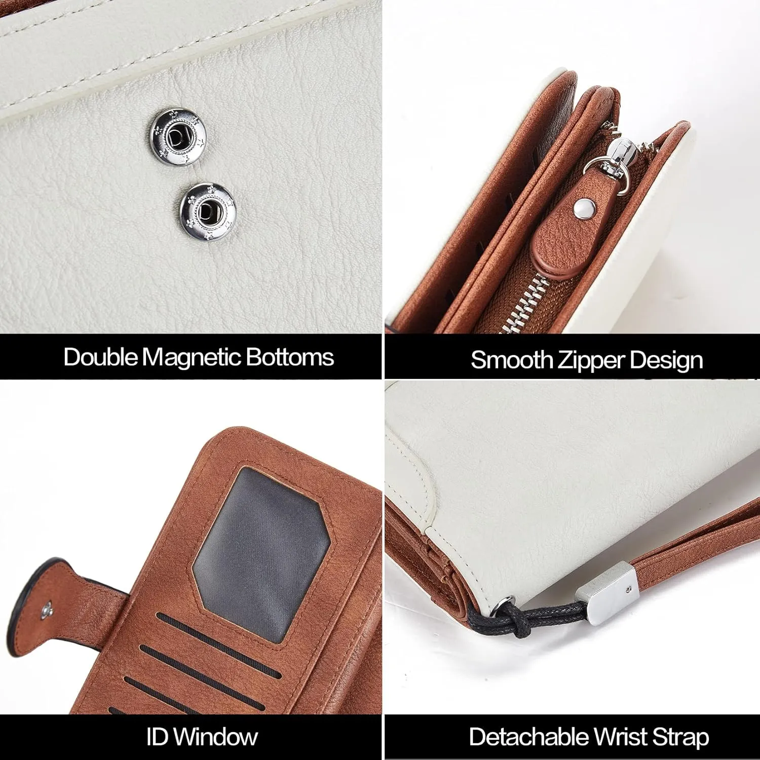 BROMEN Leather Wallets for Women RFID Blocking Large Capacity Credit Card Holder Clutch Purse Wristlet Beige Brown