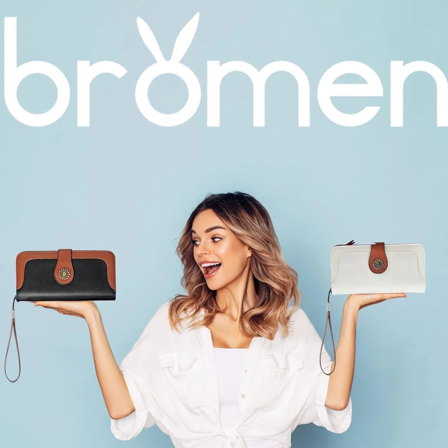 BROMEN Leather Wallets for Women RFID Blocking Large Capacity Credit Card Holder Clutch Purse Wristlet Beige Brown