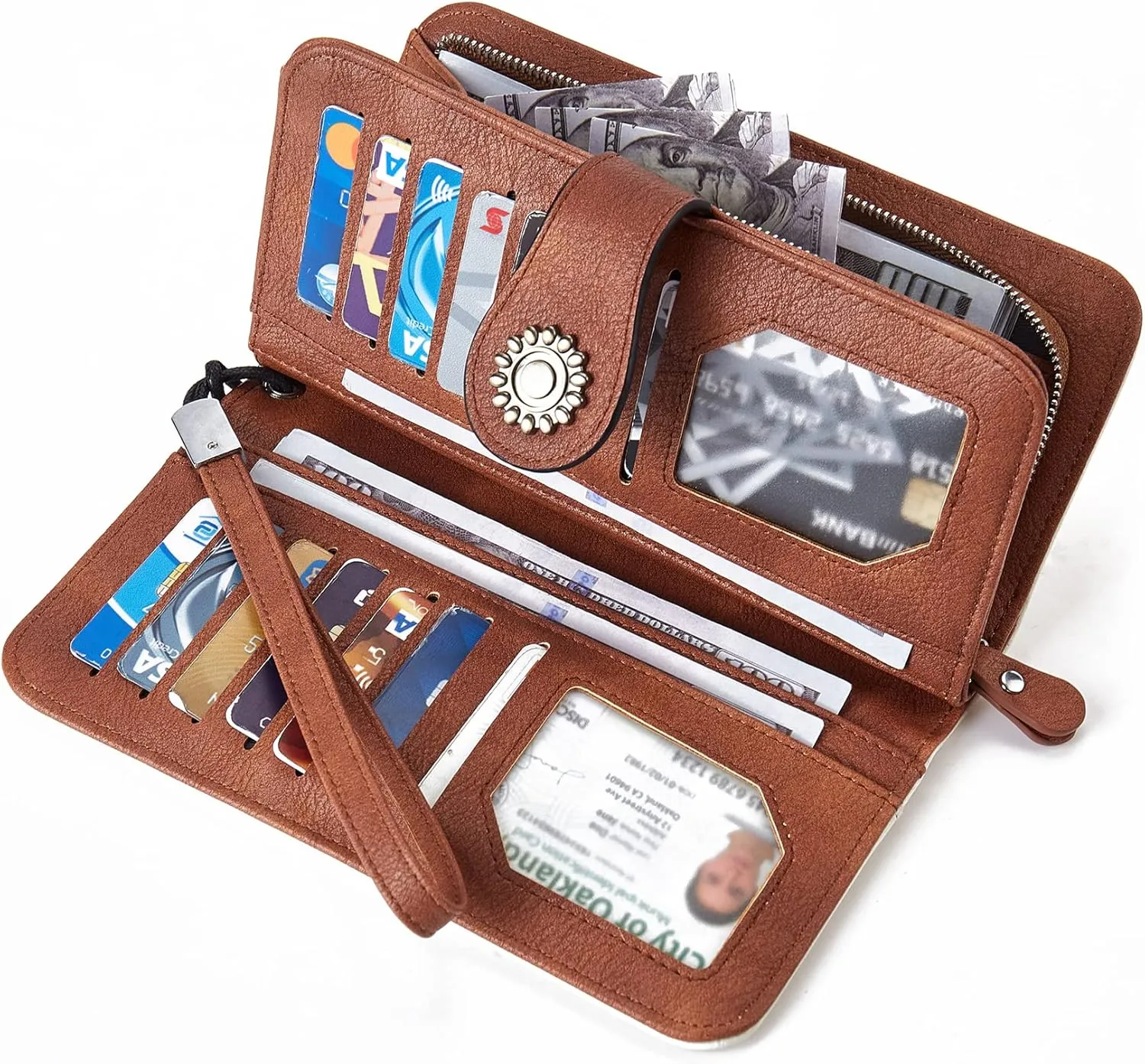 BROMEN Leather Wallets for Women RFID Blocking Large Capacity Credit Card Holder Clutch Purse Wristlet Beige Brown