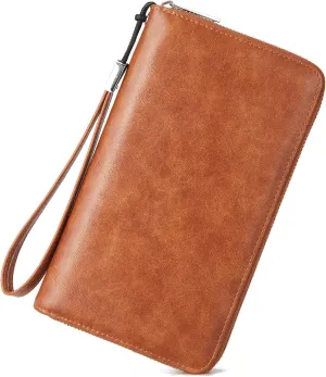 BROMEN Womens Wallet RFID Blocking Large Capacity Wristlet Phone Holder Zip Around Leather Clutch Purse Brown