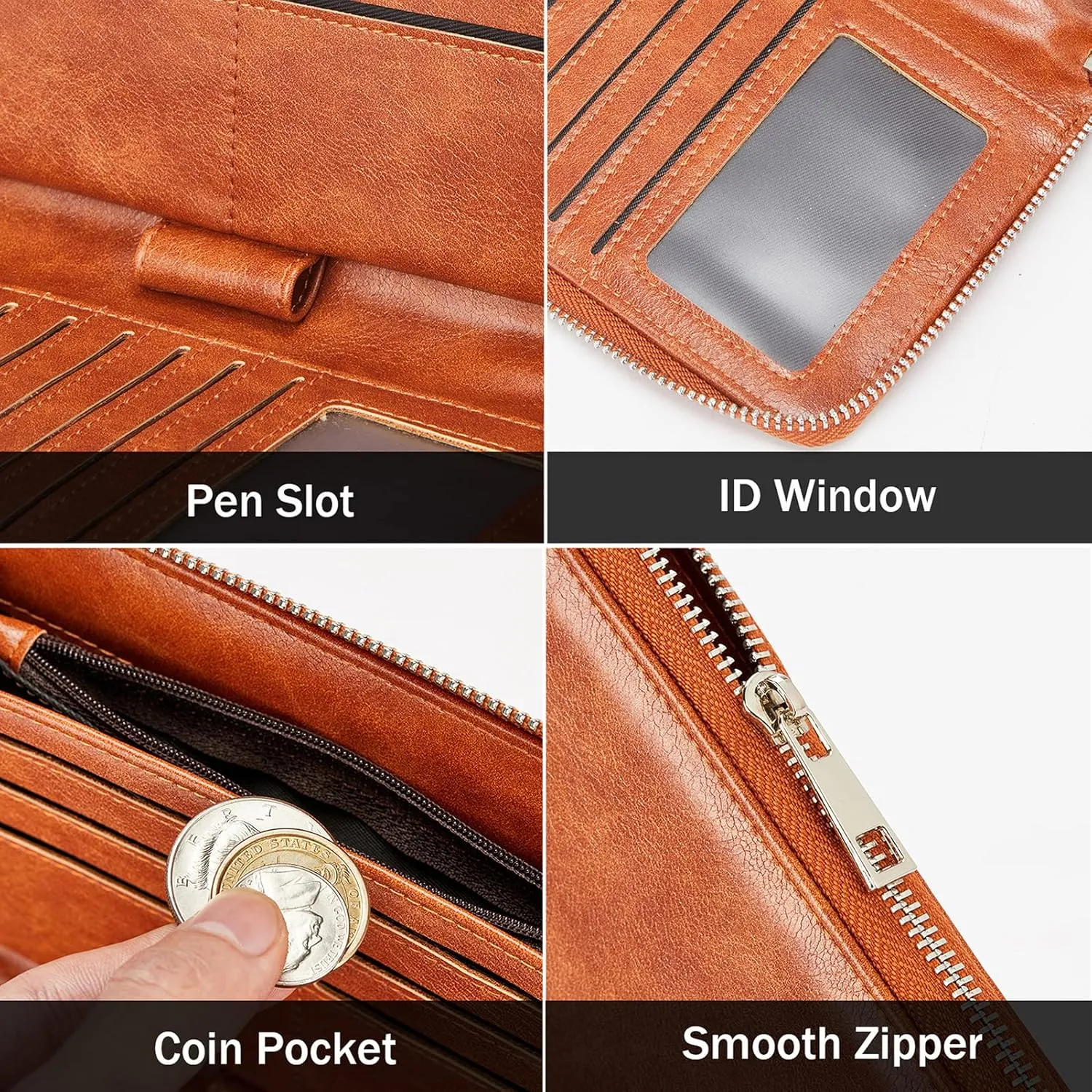 BROMEN Womens Wallet RFID Blocking Large Capacity Wristlet Phone Holder Zip Around Leather Clutch Purse Brown