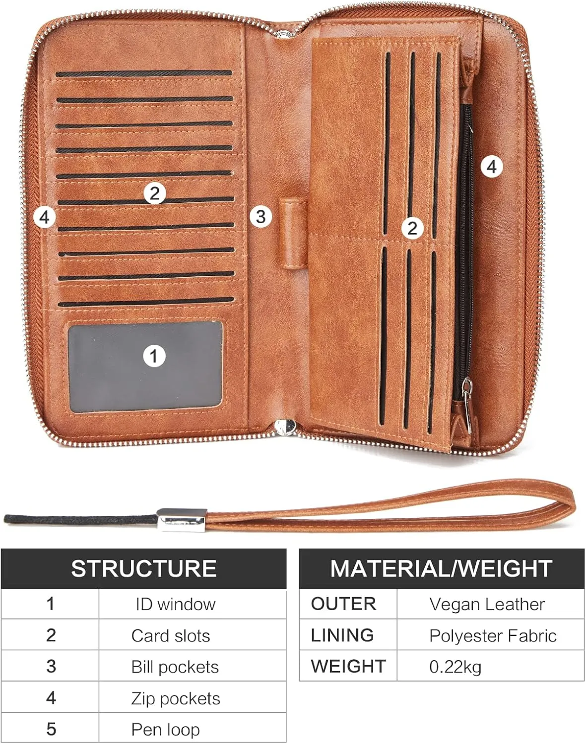 BROMEN Womens Wallet RFID Blocking Large Capacity Wristlet Phone Holder Zip Around Leather Clutch Purse Brown
