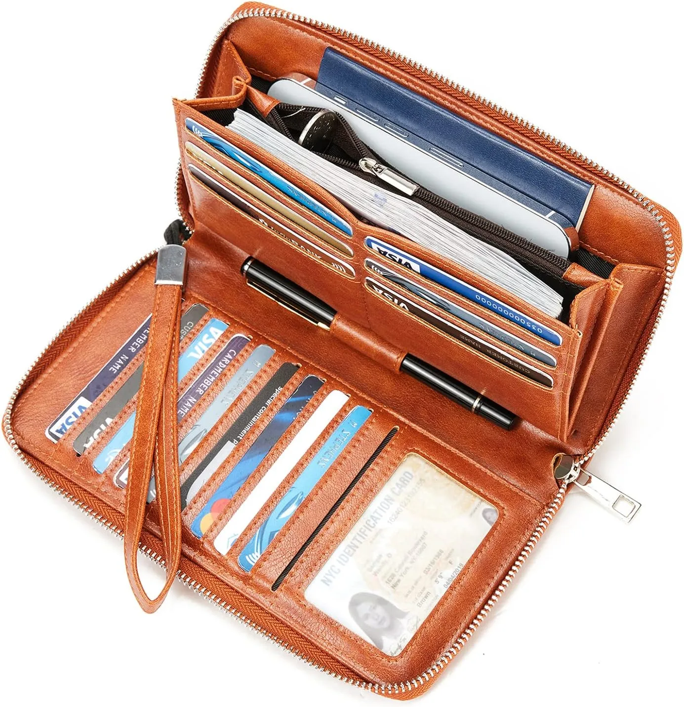 BROMEN Womens Wallet RFID Blocking Large Capacity Wristlet Phone Holder Zip Around Leather Clutch Purse Brown