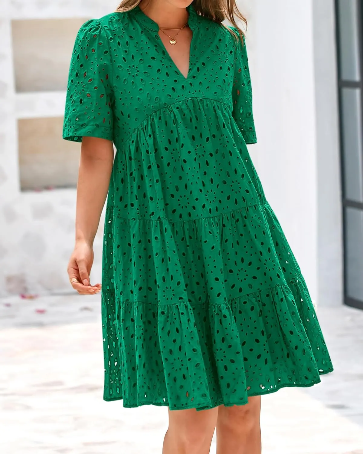 BTFBM Womens Boho Summer Dresses 2025 Resort V Neck Short Sleeve Hollow Out Lace Ruffle Casual Beach Mini Vacation Dress