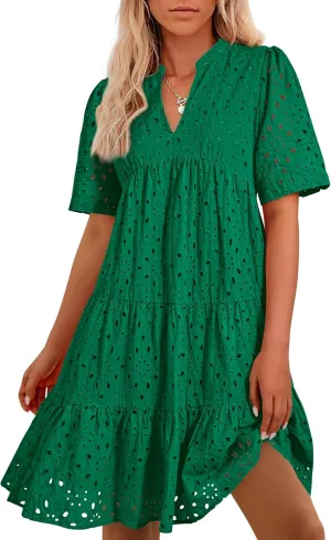 BTFBM Womens Boho Summer Dresses 2025 Resort V Neck Short Sleeve Hollow Out Lace Ruffle Casual Beach Mini Vacation Dress