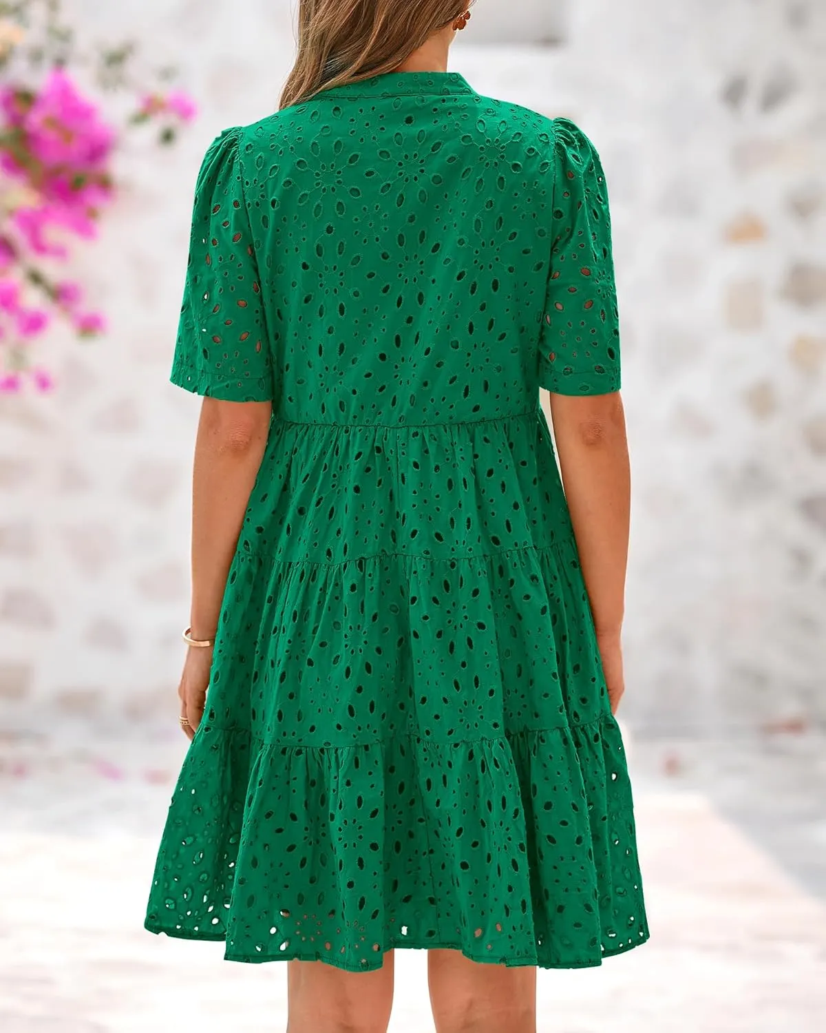 BTFBM Womens Boho Summer Dresses 2025 Resort V Neck Short Sleeve Hollow Out Lace Ruffle Casual Beach Mini Vacation Dress