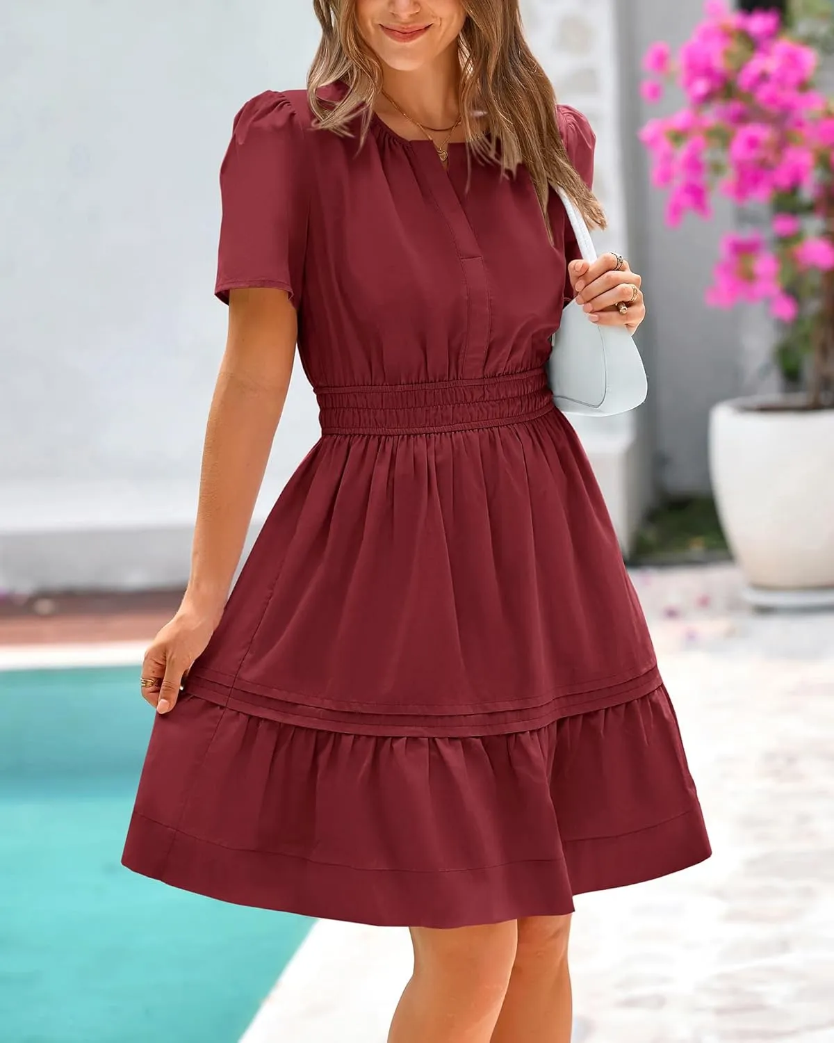 BTFBM Women's Casual Dresses 2025 Summer Spring V Neck Short Sleeve Sundress Smocked Waist A Line Tiered Mini Dress