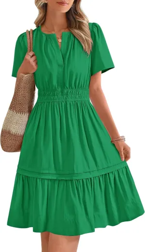 BTFBM Women's Casual Dresses 2025 Summer Spring V Neck Short Sleeve Sundress Smocked Waist A Line Tiered Mini Dress