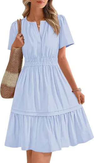 BTFBM Women's Casual Dresses 2025 Summer Spring V Neck Short Sleeve Sundress Smocked Waist A Line Tiered Mini Dress