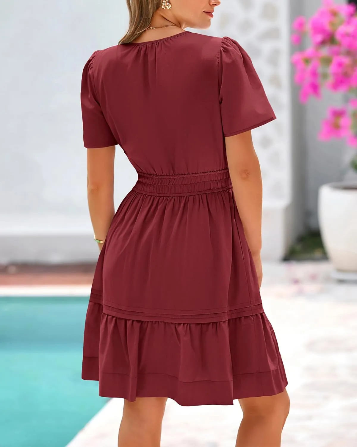 BTFBM Women's Casual Dresses 2025 Summer Spring V Neck Short Sleeve Sundress Smocked Waist A Line Tiered Mini Dress