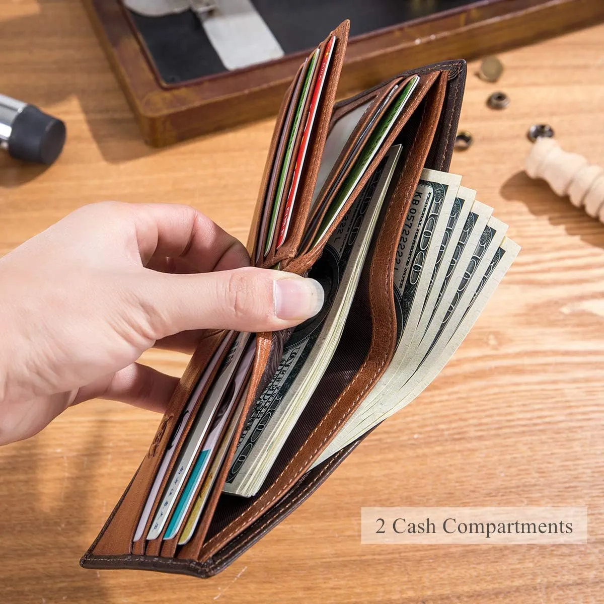 BULLCAPTAIN RFID Wallets for Men Slim Bifold Genuine Leather Front Pocket Wallet with 2 ID Windows QB-05 (Brown)