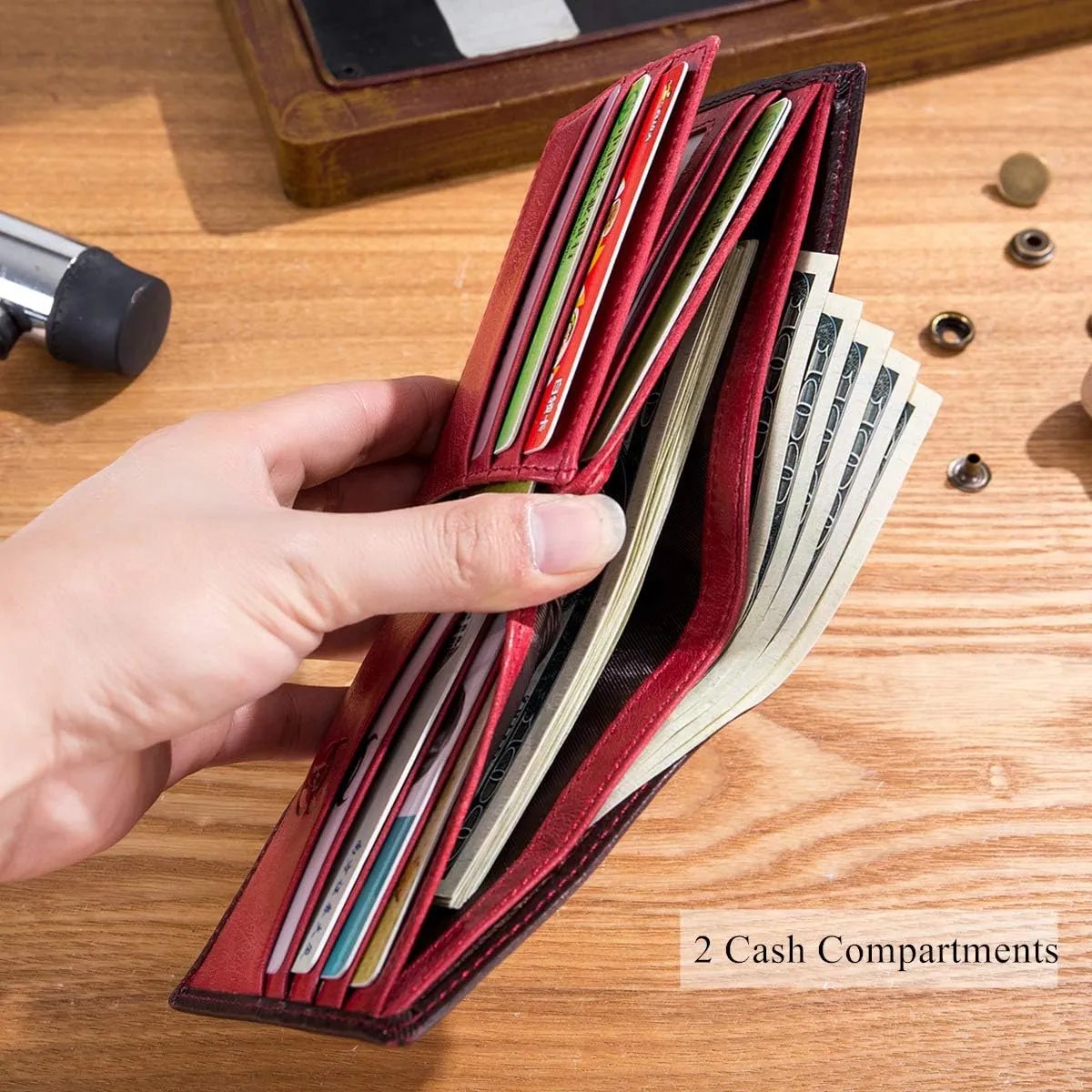 BULLCAPTAIN RFID Wallets for Men Slim Bifold Genuine Leather Front Pocket Wallet with 2 ID Windows QB-05（Crimson ）