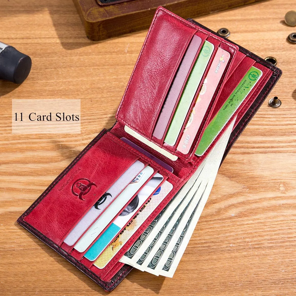 BULLCAPTAIN RFID Wallets for Men Slim Bifold Genuine Leather Front Pocket Wallet with 2 ID Windows QB-05（Crimson ）