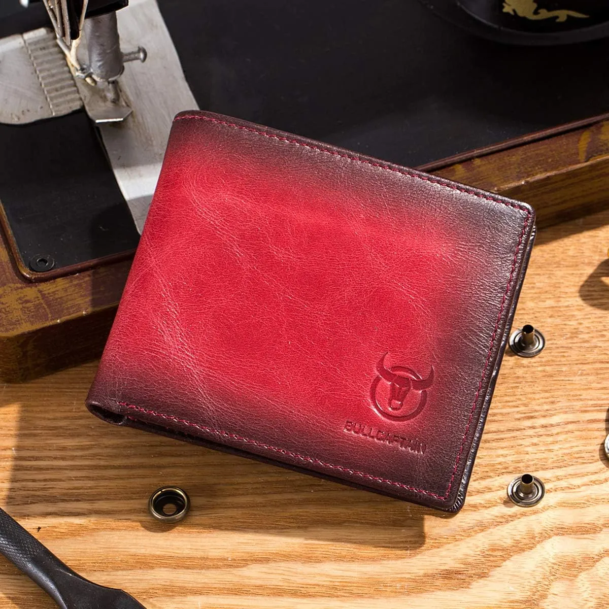 BULLCAPTAIN RFID Wallets for Men Slim Bifold Genuine Leather Front Pocket Wallet with 2 ID Windows QB-05（Crimson ）